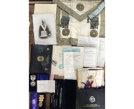 Collection of Masonic items includes hallmarked Masonic jewel, Original picture with the apron in the picture, Book of ‘The O