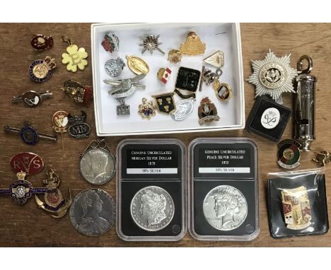 Collection of Coins and Pin badges, includes two sealed&nbsp;American Dollars one 1878 Morgan and 1935 Peace Dollar, Silver M