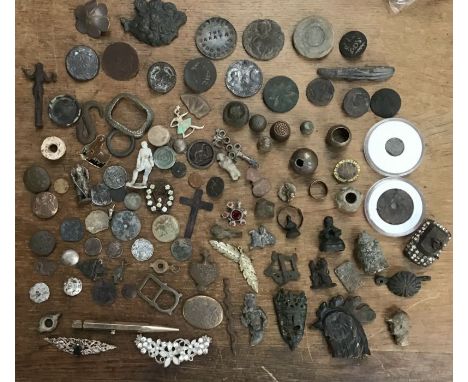 Large collection of metal detector finds, includes Medieval scabbard chape, Cockerel head Vesta, Fred Archer (famous Victoria