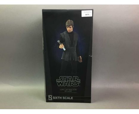 SIDESHOW FOR STAR WARS, LUKE SKYWALKER DELUXE SIXTH SCALE together with Hot Toys Yoda, also 1/6 scale, and Hot Wheels Poe Dam