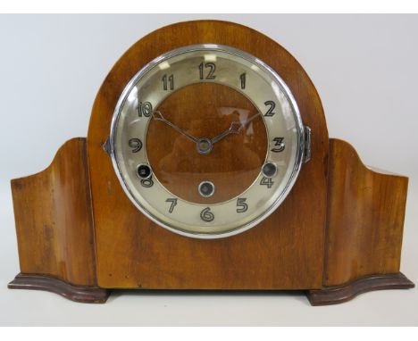 Art deco chiming mantle clock, approx 24cm tall and 39cm long, requires a pendulum and Key to run.