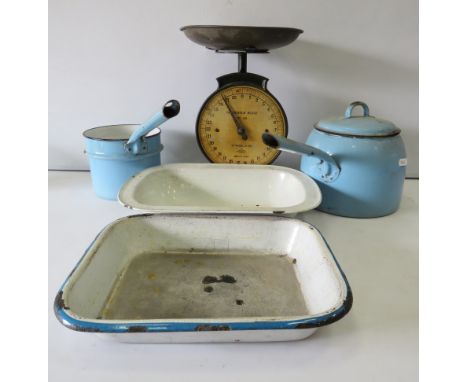 Vintage enamel pans and dishes plus a set of vintage salter scales.
