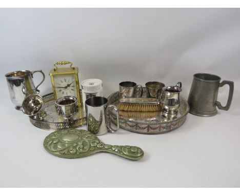 2 silver plated gallery trays various tankards and a Rapport carriage clock