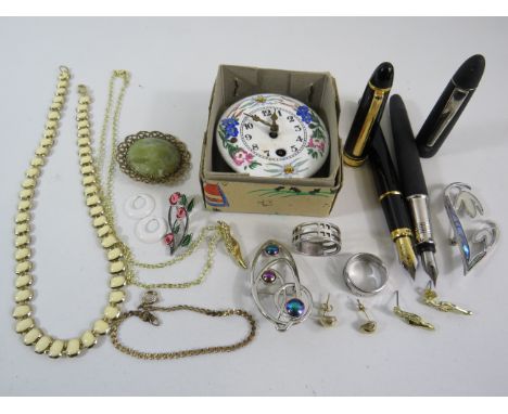 Mixed lot of including costume jewellery, Fountain pens and a enamel faced clock.