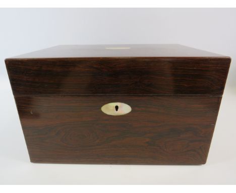 Parkin and Gotto Oxford street London Mahogany vanity box with Mother of pearl inlay and a selection of silver metal lidded j