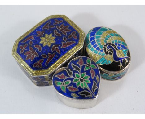 Two 925 silver enamel pill boxes and one which is white metal