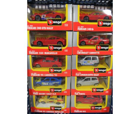 Ten Burago 1:43 Scale Die cast models of Sports and Rally Cars. All boxed and unused. See photos. 