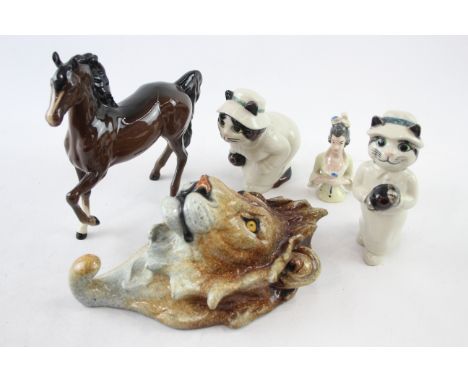 Ceramic Ornaments Quail Cat Bowling, Royal Doulton, Pin Cushion Half Doll In vintage condition Signs of use &amp; age Please 