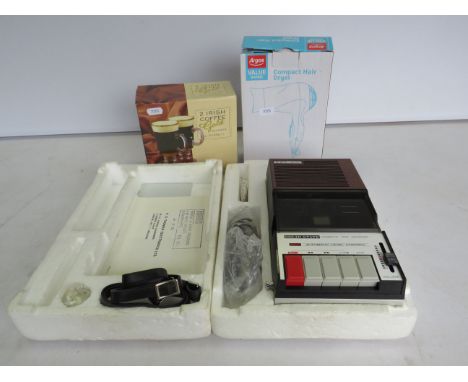 Solid state 1970s cassette player/ recorder which appears to be unused, a compact hair dryer etc.