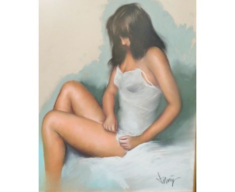 Lovely pastel portrait of a young woman sat on a bed by Spanish artist  'Domingo' (Alvares Gomez) 1946-    Comes with a valua