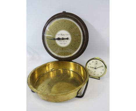 Pair of wall mounted vintage salter scales plus a vintage alarm clock.