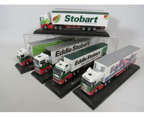 Six Eddie Stobart trucks on plinths.1:76 Scale.  No boxes. Ex display condition. See photos