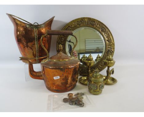Brass and Copper mixed lot to include Opium jar, Mirror, bucket, kettle etc.