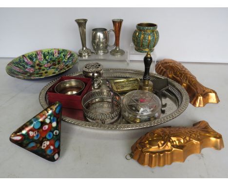 Mixed lot of silver plated items, Copper jelly moulds, Enamel bowls etc.