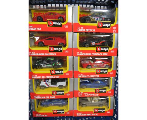 Ten Burago 1:43 Scale Die cast models of Sports and Rally Cars. All boxed and unused. See photos. 