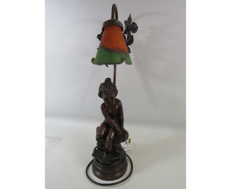 Figural lamp of a child sat on a wall, approx 22.5" tall.