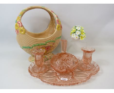 Large Arthur wood ceramic basket, Art deco glass dressing table set and a Royal Doulton flower posy.