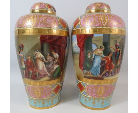 Pair of Royal Vienna porcelain lidded vases depicting greek scenes of Achilles and Ulysses, hand decorated with gilt and enam