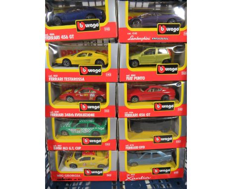 Ten Burago 1:43 Scale Die cast models of Sports and Rally Cars. All boxed and unused. See photos. 