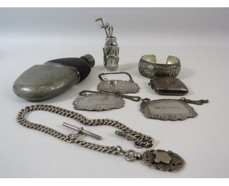Sterling silver watch chain with T bar and fob plus a selection of silver plated items etc.