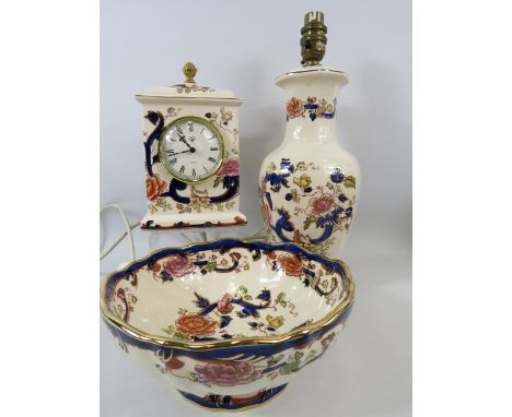 3 Pieces of Masons ironstone in the Blue Mandalay pattern, clock, table lamp and bowl.