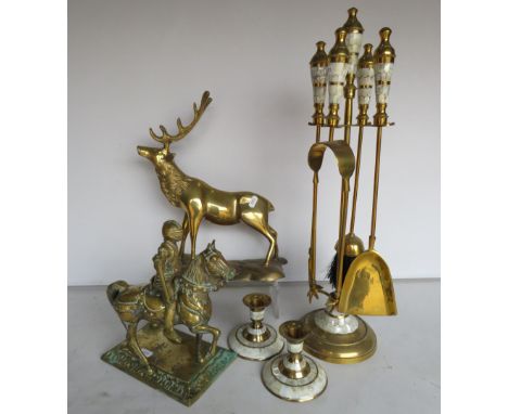 Large brass stag, brass and mother of pearl companion set with matching candle sticks etc.