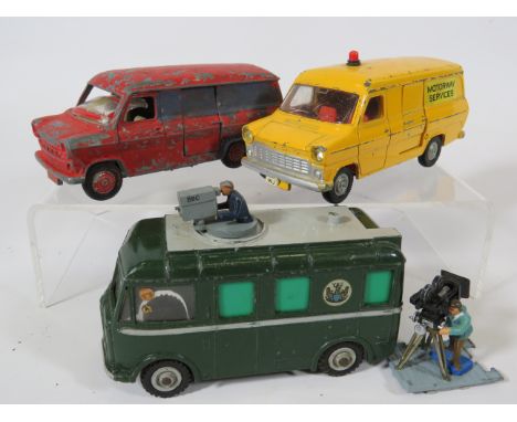 Dinky Early Ford Transit Robbers Van in heavy playworn condition, Transit motorway van in medium playworn condition, Vintage 