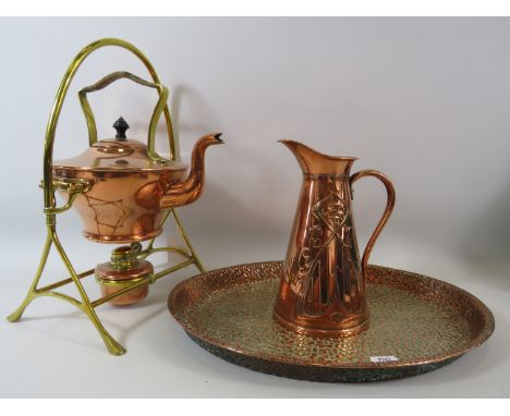 Copper and Brass spirit kettle, Art Nouveau jug and a tray.
