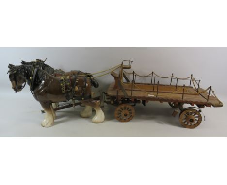 2 Large Melrose ceramic shire horses and a large wooden dray cart, approx 32" from Hames to rear of carriage.