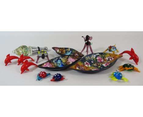 3 Enamel pin dishes and selection of murano glass animals.