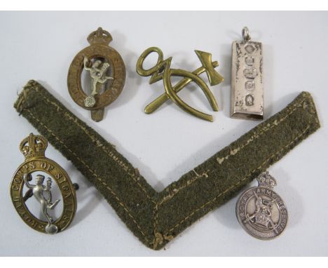 Military Cap badges, Sterling silver army reserves badge and a silver Ingot.