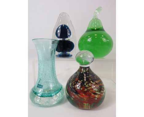 3 Art glass paperweights and a vase, Wedgwood, Caithness etc.