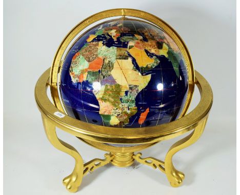 Lovely Globe set with Lapis Lazuli. Globe is mounted on a gilt metal two axis base with leveller/compass to the underside. Me