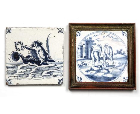 A rare 17th century Dutch blue and white tile depicting a mermaid, circa 1660, 13cm square and an early 18th century Biblical