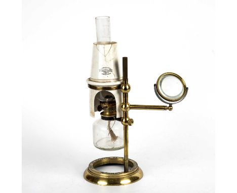 A 19th century brass microscope oil lamp by J. Swift &amp; Son 13cm wide 30cm highceramic shade cracked, well possibly replac