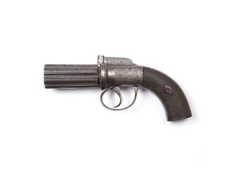 A 19th century Wilkinson percussion pepper box six shot steel pistol with engraved decoration, with crossed swords mark to th