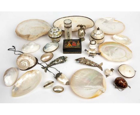 An eastern white metal and mother of pearl octagonal case with engraved decoration, 4cm wide x12cm high; together with other 
