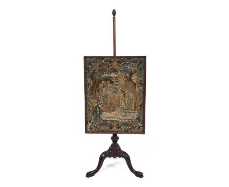 A George III needlework firescreen on a mahogany tripod stand 57cm wide x 154cm high.Repaired pole.Damaged back of screen.&nb