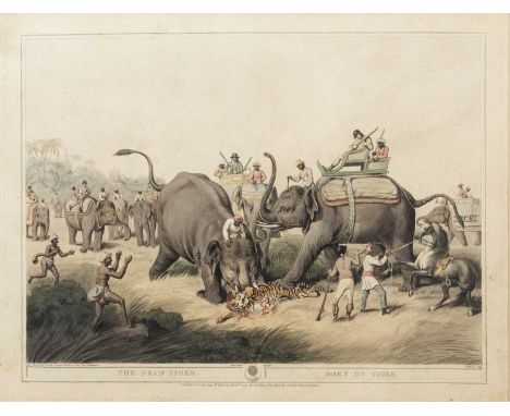 Two early 19th century aquatint engravings published by Edward Orme, The Dead Tiger and Hunting Jackalls, both 31cm x 43cm (2