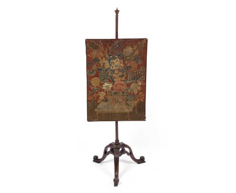 A George III needlework firescreen with a mahogany triopod stand 53cm wide x 148cm highrepairs to the base, fading to the nee
