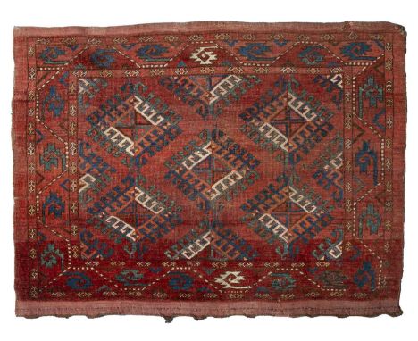An antique Ersari Turkomen Chuval with repeated small hexagons with double arrow heads, 142cm x 106cmModerate wear with two s