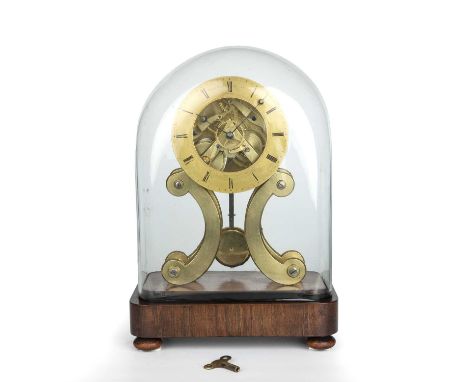 A 19th century brass skeleton clock by Brockbank and Atkins London under a glass dome with a rosewood base. 25.5cm wide 33cm 