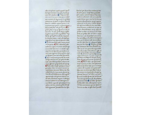A Florentine manuscript; a double sided page of Thomas Aquinas's Commentary on Peter Lombard's Sentences with coloured histor