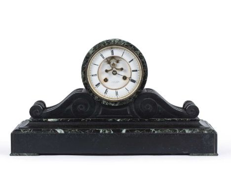 A late 19th century French slate and marble mantle clock, the enamel dial with Roman numerals signed Wilson and Gander, 54cm 