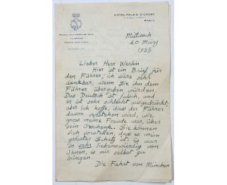 Mitford, Unity. 1914-1948. A manuscript two page (sides) letter written in faltering German on Hotel Palais D'Orsay (Paris) n