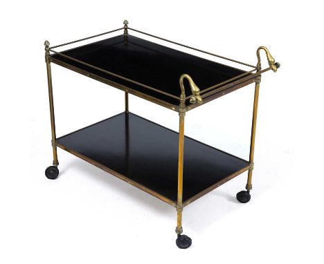 An early 20th century two tier brass tea trolley with swan neck finials, lacquered inset trays and later roller casters, 78cm