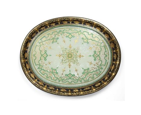 A 19th century gilded papier mache oval tray with a central glass panel having reverse painted decoration, 75cm wide x 60cm d