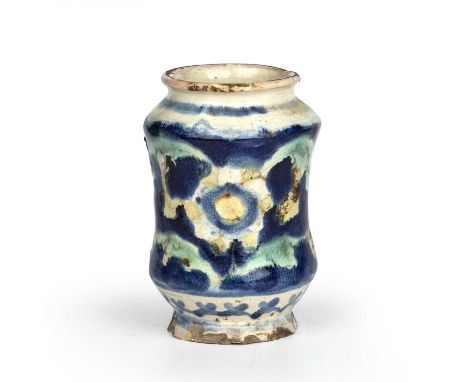 A small 17th century Venetian albarello circa 1660-1680, 9cm diameter x 14.5cm highSmall side glaze chip, chips to foot, rim 