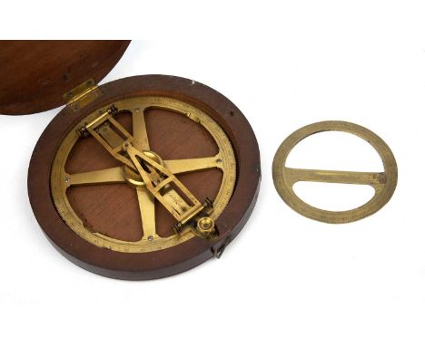 A 19th century brass charting instrument by J. Braham of Bristol in a fitted mahogany case 15cm diameter and a circular protr