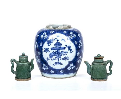 A Chinese Kangxi blue and white porcelain ginger jar 18cm diameter x 21cm high together with two antique Chinese green glazed